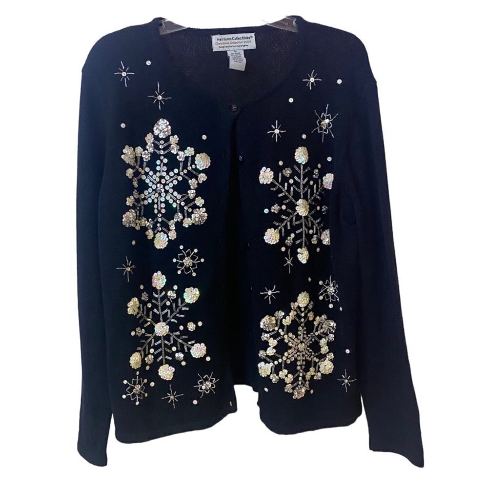 Heirloom Collectibles Holiday Xmas Snowflatkes Black Sweater, Women's Medium
